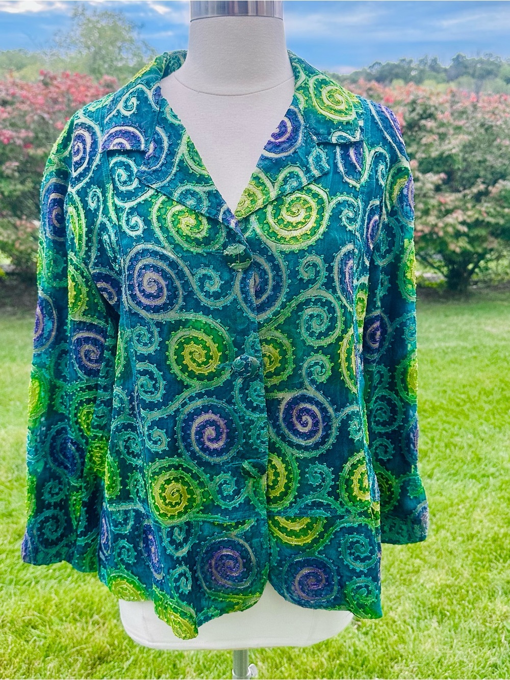Chico's Teal, Lime & Purple Abstract Swirl Button-Front Jacket